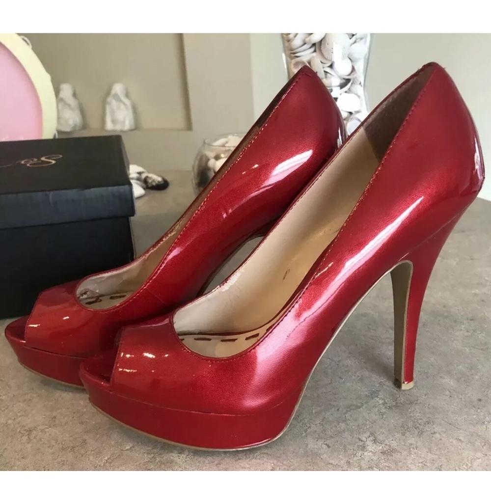 Colin Stuart Red Peek a boo Platform pumps 6